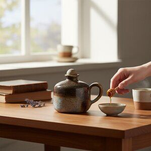 Delightful Vintage Stoneware Oil Pitcher Vase in Green and Beige with Wick Cap
